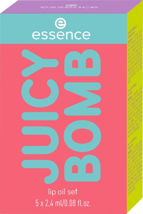 Colorful packaging for a lip oil set with the words 'Juicy Bomb' and 'essence' on it.