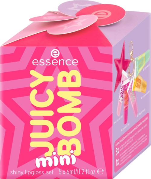 Verpackung des essence Juicy BOMB Mini Glanzlipgloss-Sets mit rosa und lila Farben und sternförmige Accessoires.