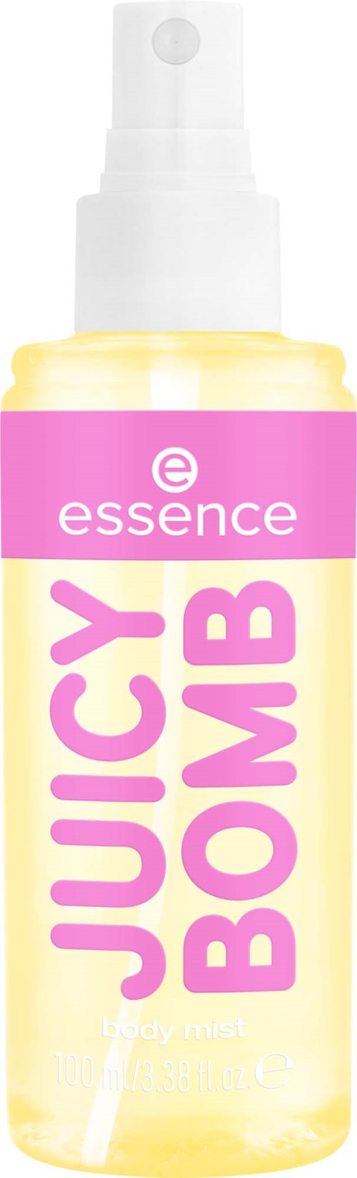 En gul sprayflaska med vit lock och en rosa etikett som säger essence Juice Bomb.