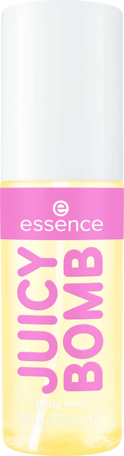 En flaska av essence juice bomb kroppsspray med rosa och gula förpackningar och en vit kapsyl.