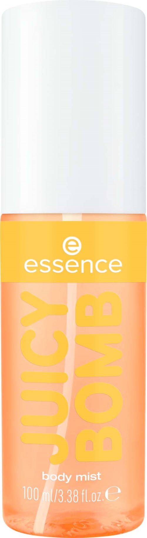Essence Juicy Bomb kroppsspray i en genomskinlig orange flaska med vit lock, visar produktnamnet i fet gul text.