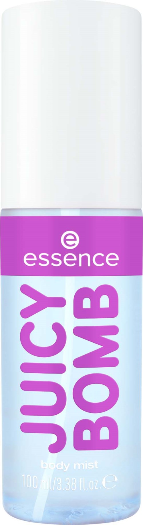 En lång, vit sprayflaska märkta essence Juicy Bomb kropps mist med lila och blå accenter.