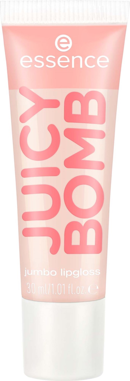 Rote Tube mit großem Text 'JUICY BOMB' und kleinerem Text 'essence jumbo lipgloss'.