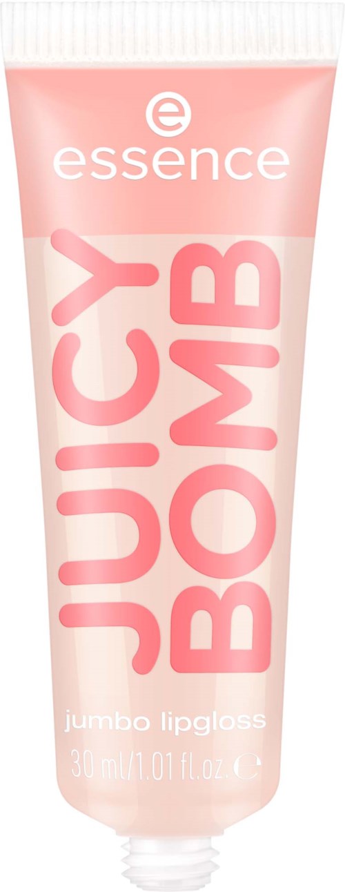 Eine rosa Tube mit essence Jumbo Lipgloss, auffälliger rosa Schrift 'JUICY BOMB' und einem weichen rosa Deckel.