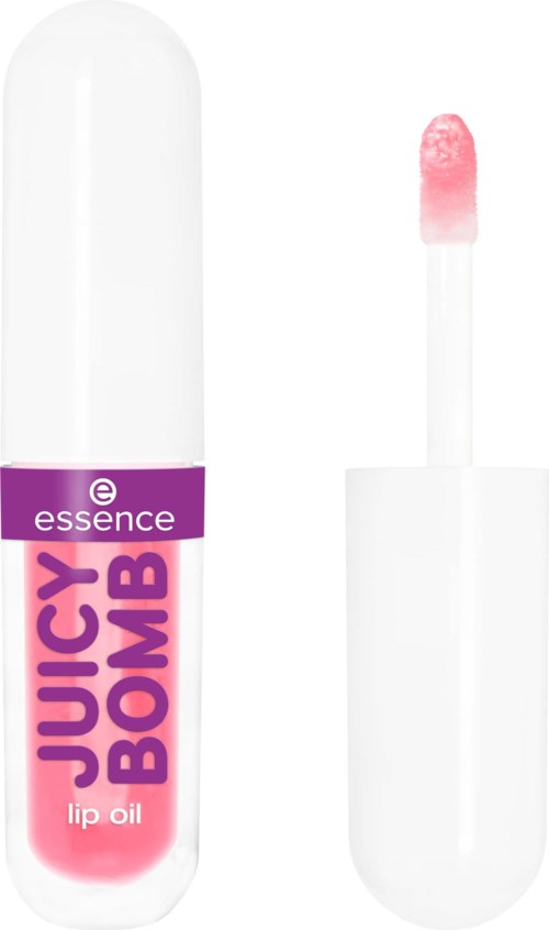 Lippenolie in klein tube met een paarse en roze label, genaamd 'Juicy Bomb' van Essence.
