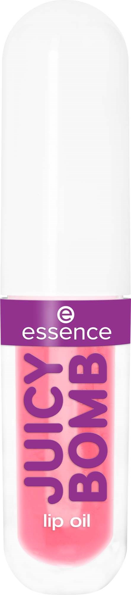 Een stokvormige lipolie-verpakking met roze en paarse branding, gelabeld 'Juicy Bomb' en 'essence.'