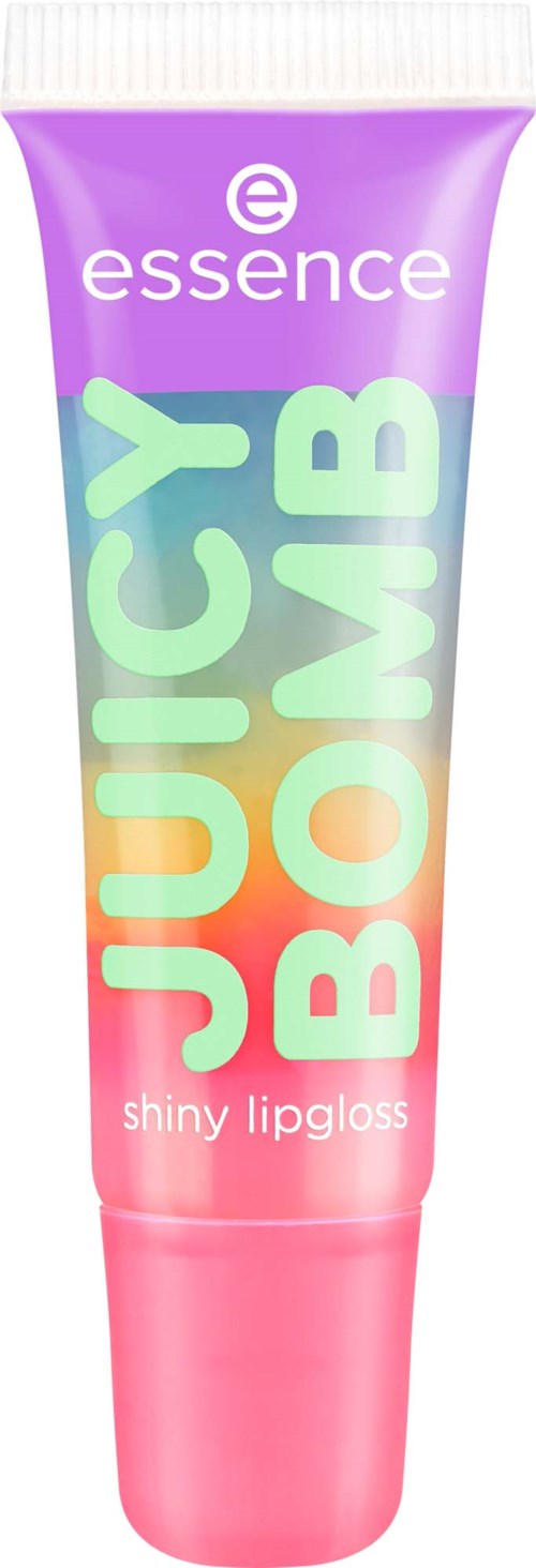 Lipgloss tube met paarse, groene, oranje en roze kleuren, met label 'JUICY BOMB' en 'shiny lipgloss.'