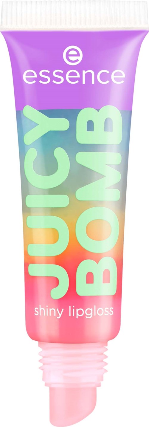 Kleurrijke tube van Essence Juicy Bomb glanzende lipgloss met paars, roze en oranje ontwerp.