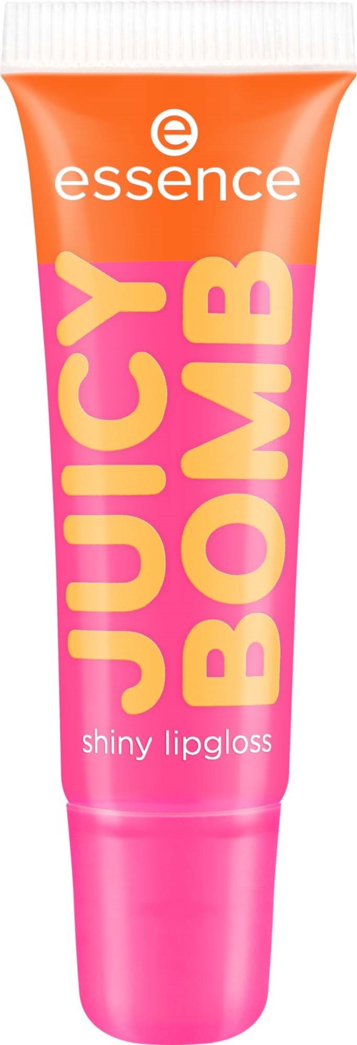 A pink and orange tube of Essence Juicy Bomb shiny lip gloss with bold yellow and pink text.