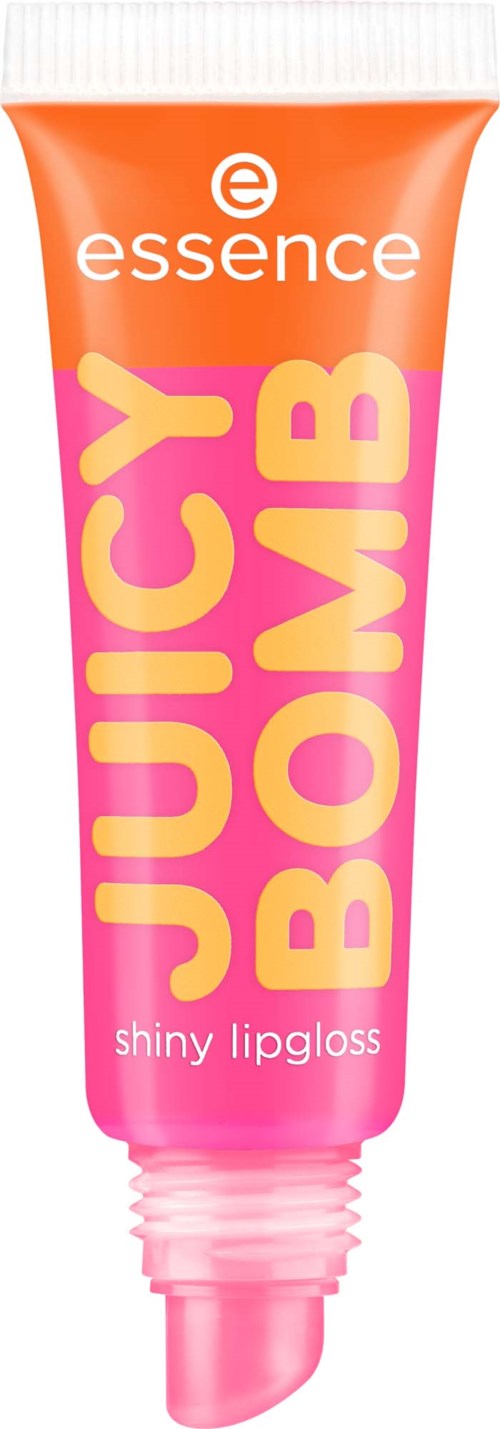 A lip gloss tube with orange, pink, and yellow colors, labeled 'Juicy Bomb' and 'shiny lip gloss'.