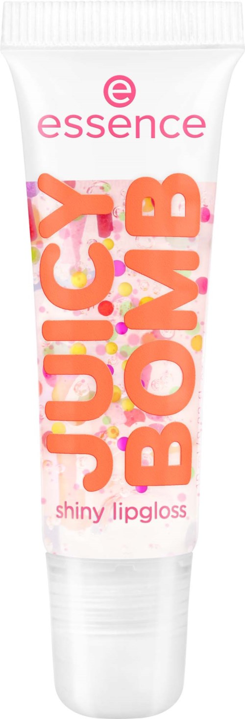 Tuben er en blank rosa leppestift med orange og rosa bokstaver og fargede prikker. Den har teksten 'Juicy BOMB' og 'shiny lipgloss.'