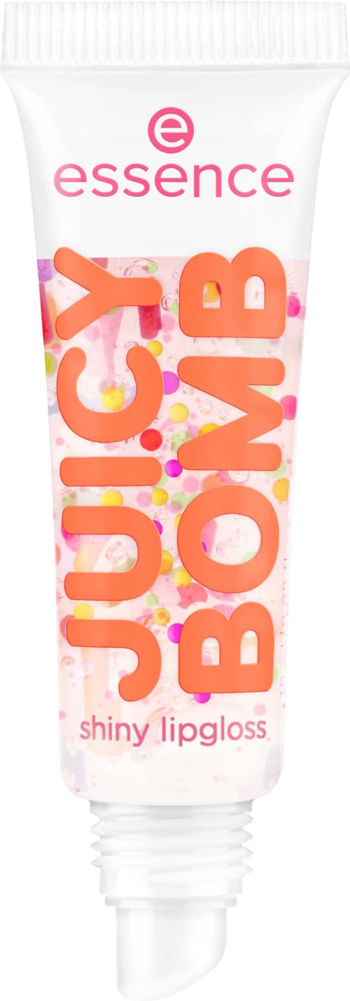 En rosa og hvit leppglansrør med fet oransje tekst som sier "Juicy BOMB" og en liten rosa logo over.