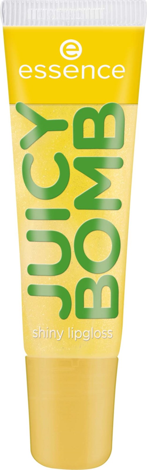 Gelbes Lippen Gloss Tube mit grünen und weißen Text, liest 'JUICY BOMB' und 'shiny lipgloss'.