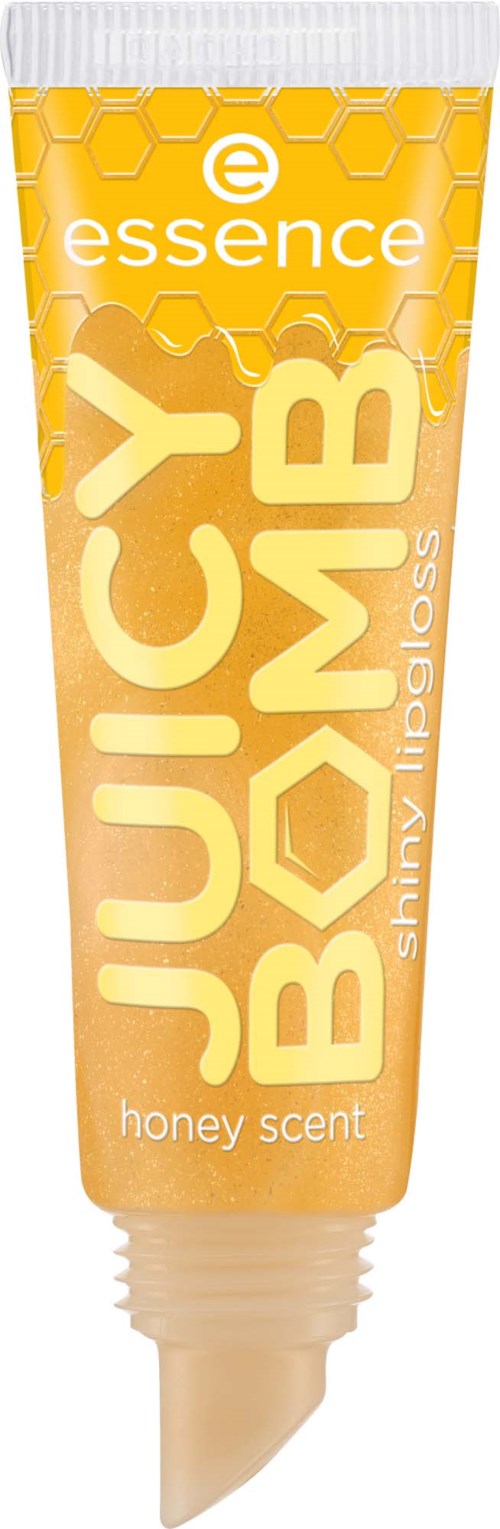 Gelbes Röhrchen mit Essence Juicy BOMBY glänzenden Lipgloss mit Honigduft.
