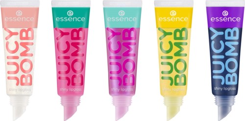 Five colorful tubes of lip balm with different colored caps, labeled 'Juicy Bomb' and 'essence,' in pink, green, turquoise, yellow, and purple.