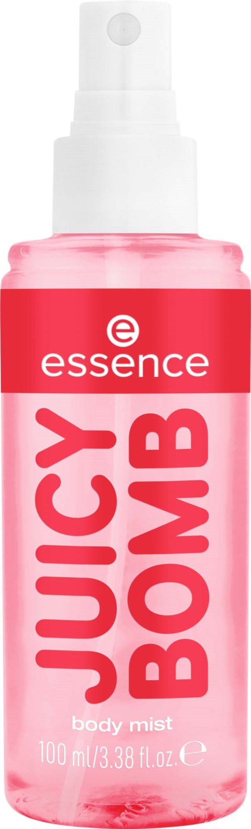 Lille rosa kropspray flaske med sprayhoved, mærket "Juicy Bomb" af Essence, 100 ml. Lysende og legende design.