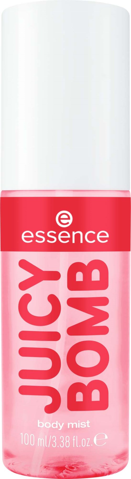 En pink kropsprayflaske mærket 'Juicy Bomb' fra Essence, med hvid hætte.