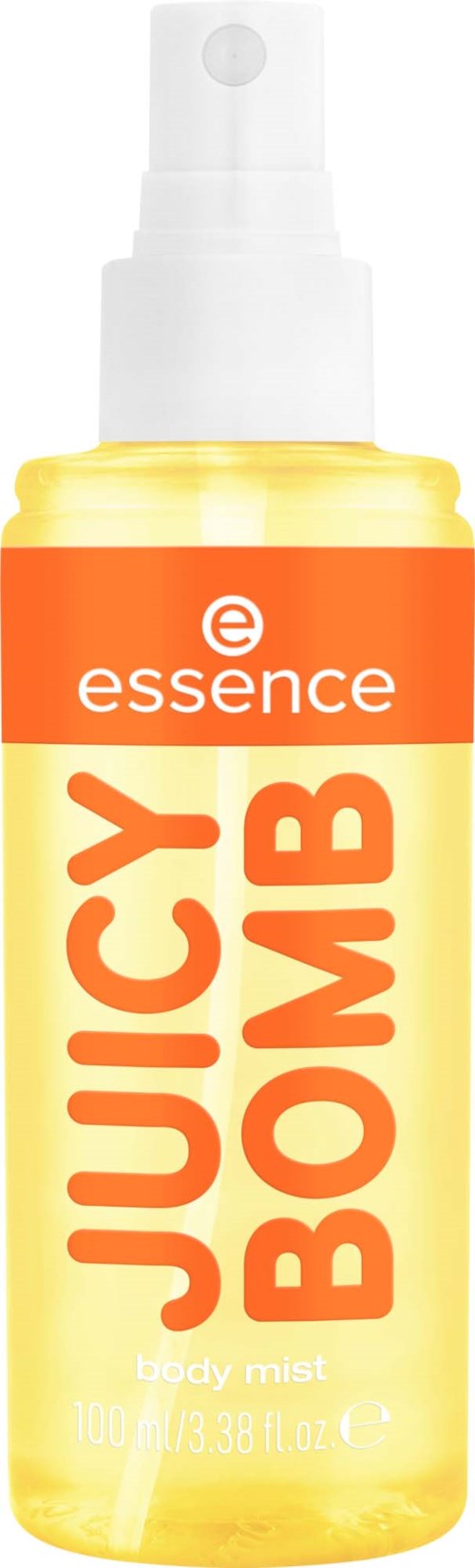 En gul sprayflaske med orange etiket, der der står 'Juicy Bomb' og 'essence'.