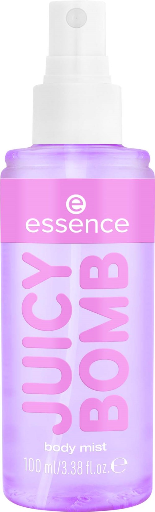 En liten lila sprayflaska med vitt lock, märkta 'Juicy Bomb' och 'body mist.'