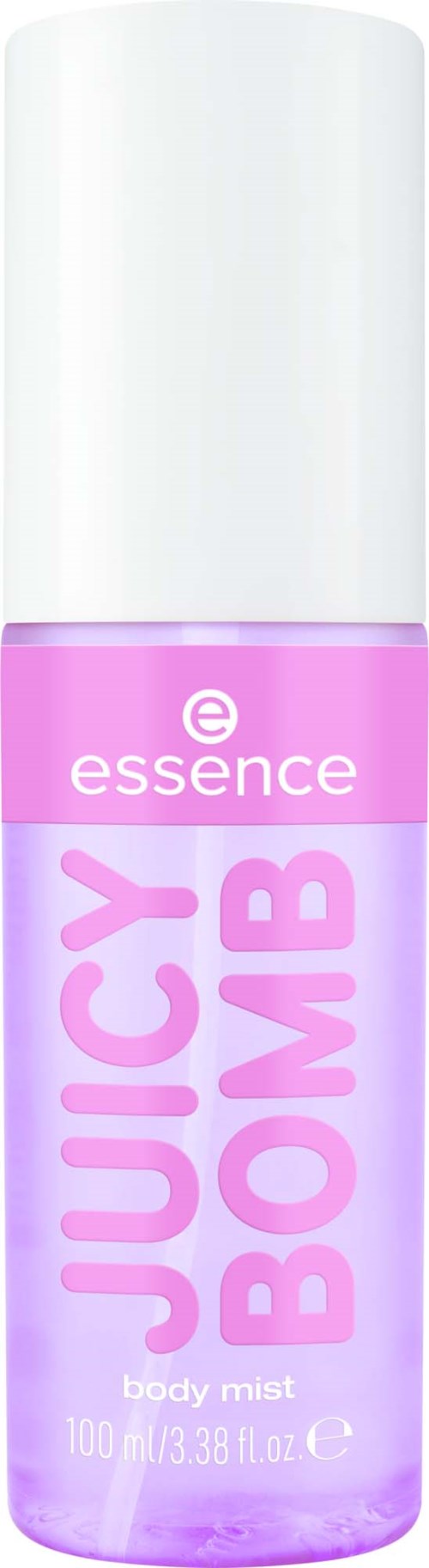En liten lila sprayflaska märkt "Juicy Bomb" för kroppsspray av Essence.