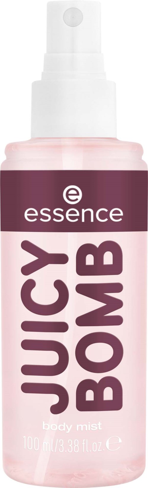A pink spray bottle labeled 'Juicy Bomb' by Essence, a body mist with a pump top.