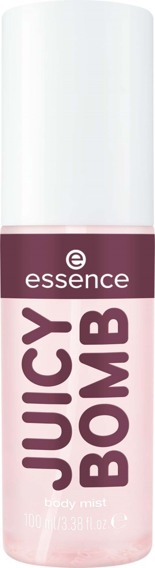A pink and purple body mist bottle with a white cap, labeled 'JUICY BOMB' by Essence.