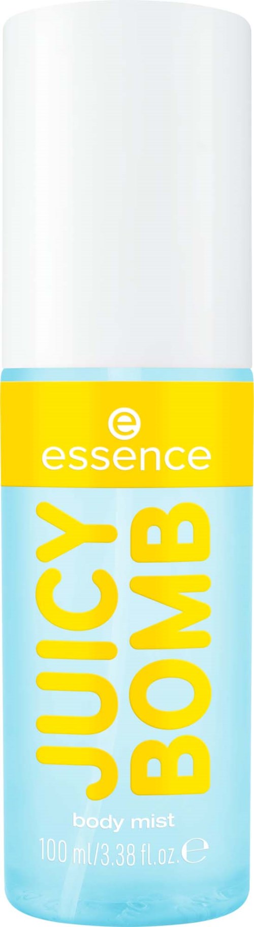 En spraydåse mærket 'Juicy Bomb' fra Essence, brugt som kropsmist, med gule og blå farver.