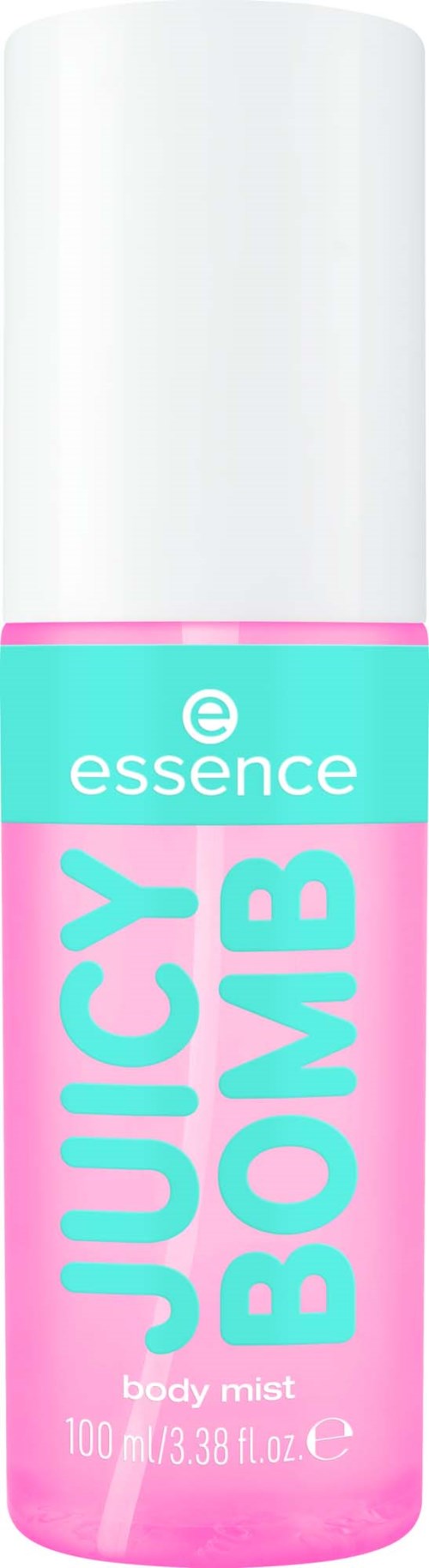 Roze en lichtblauwe lichaamsmist met de woorden Juicy Bomb in grote letters en essence-logo bovenaan.