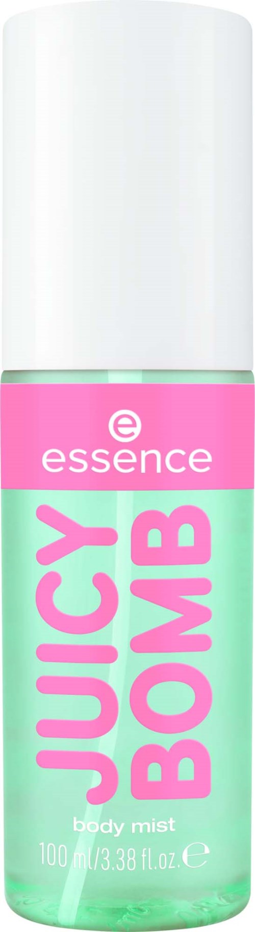 Een bodymist sprays fles met roze en groen kleuren, genaamd Juicy Bomb door Essence, 100 ml.