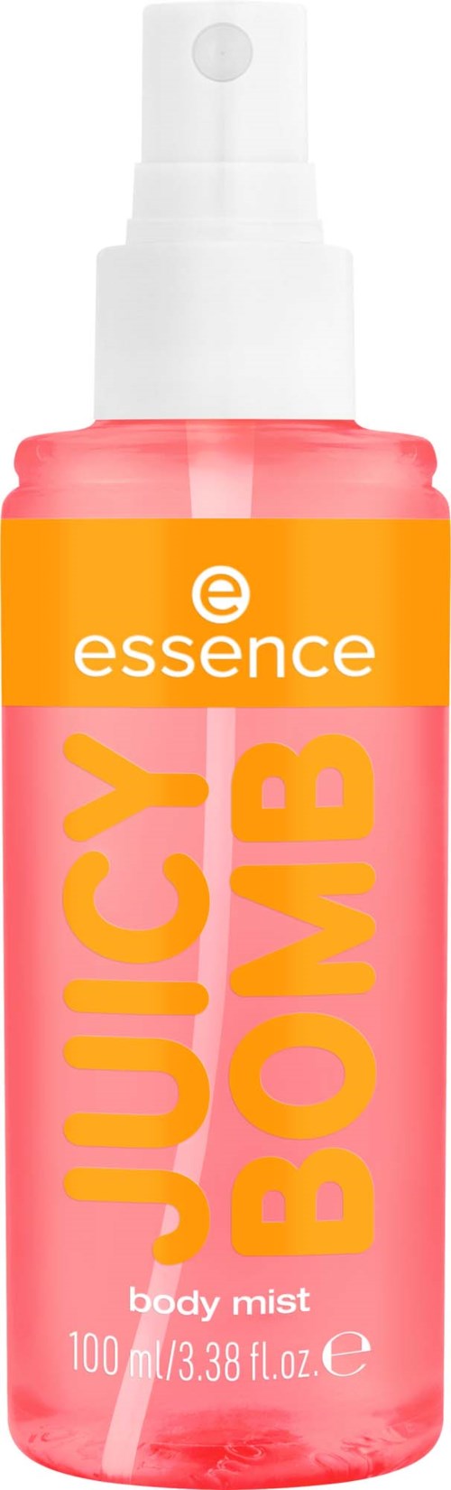 Roze spuitfles met oranje label met tekst Juice Bomb van Essence voor body mist, 100ml.