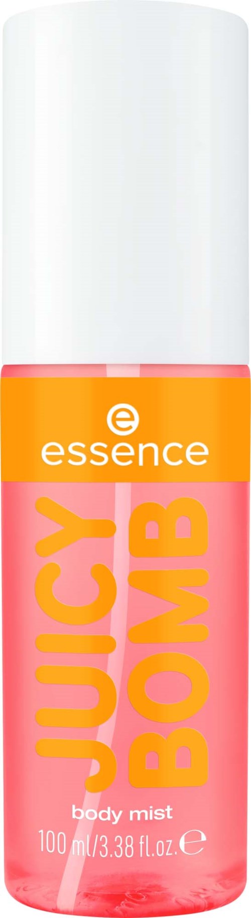 Een bodymistfles met de tekst 'Juicy Bomb' in roze en oranje kleuren.