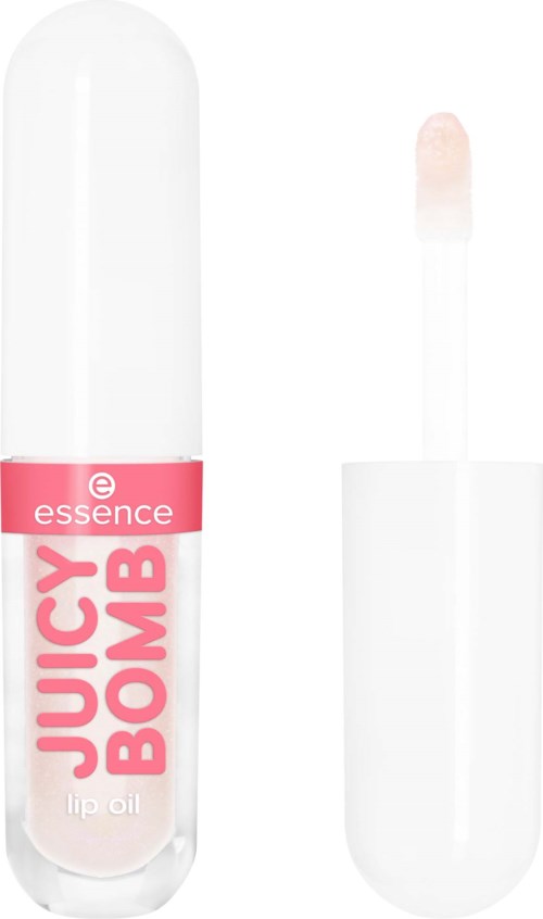 En läppolja i ett genomskilnigt rör med en rosa etikett som säger 'Juicy BOMB'. Den har en applikator.