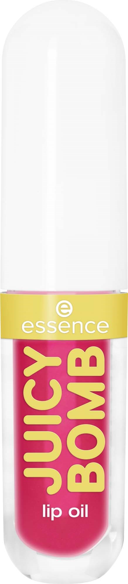 Lip oil in a white tube with a pink label and yellow band, labeled 'Juicy Bomb' by Essence.