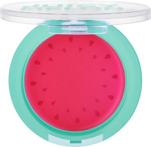 A colorful compact with watermelon design containing pink blush inside.