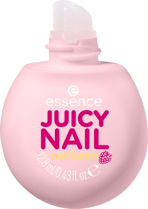En rosa nagellackskruvflaska med pump, märkt essence Juicy Nail nagelbalsam, 128 ml.