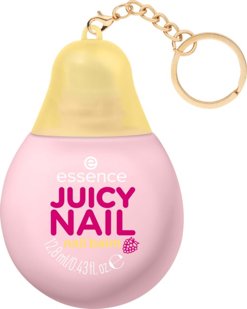 Rosa nagellackbehållare formad som en nagellacksflaska med kedja och ring i guld.