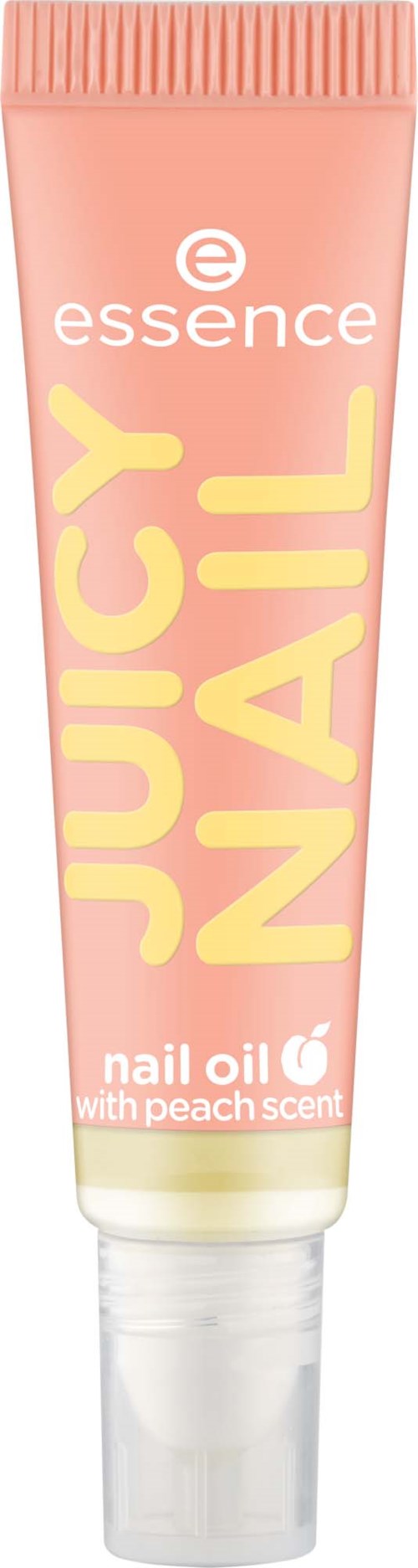 En rosa tub med nagelolja med persikadoft, märkt Essence Juicy Nail, har ett vitt lock och tydlig gul text.