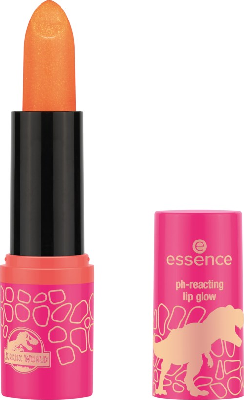 Orange läppstift i ett svart och rosa rör med en dinosaurie och text. Läppstiftet är avskuret och visar produkten.