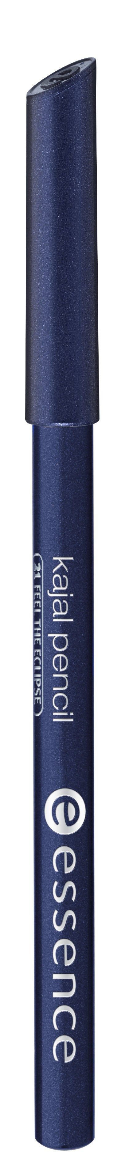 Sininen kulmakynä, jossa lukee 'essence' ja 'Kajál pencil', seisoo pystyssä.