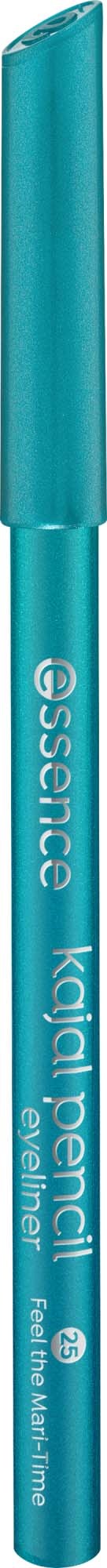 En blå flydende eyeliner blyant fra Essence med mærket "Kajal Pencil" og en kappe.