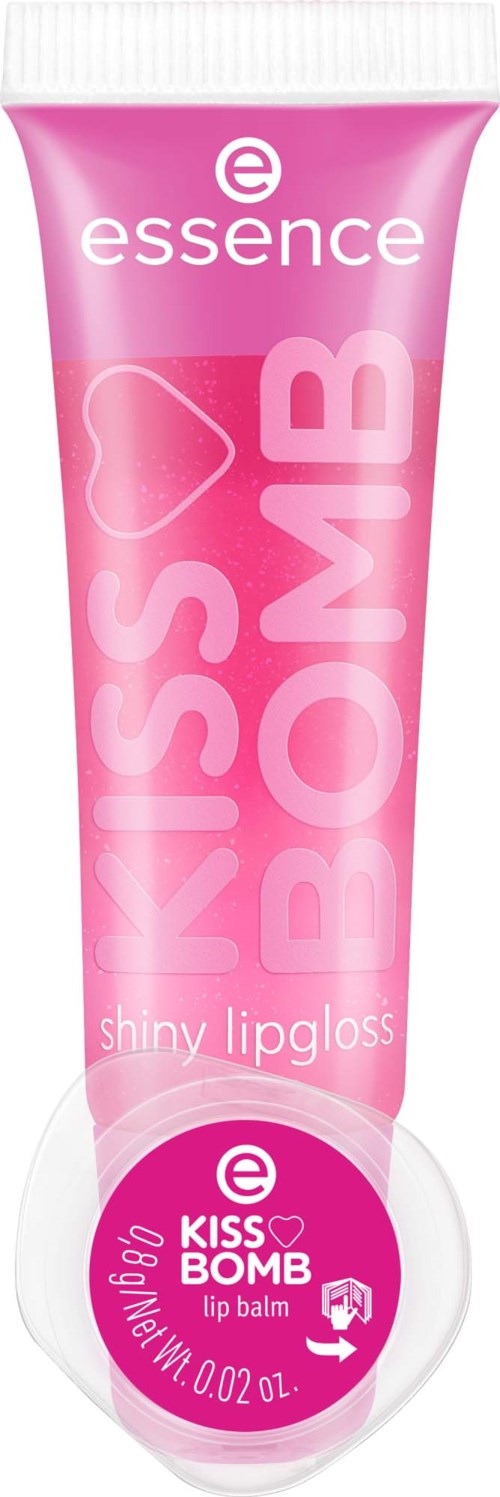 Rosa tub med vit text, nämner essence, Kiss Bomb, glansigt läppglans och läppbalsam, med ett hjärt-symbol.