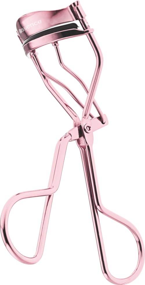 Różowa metalowa eyelash curler z małą klamrą do podkręcania rzęs.