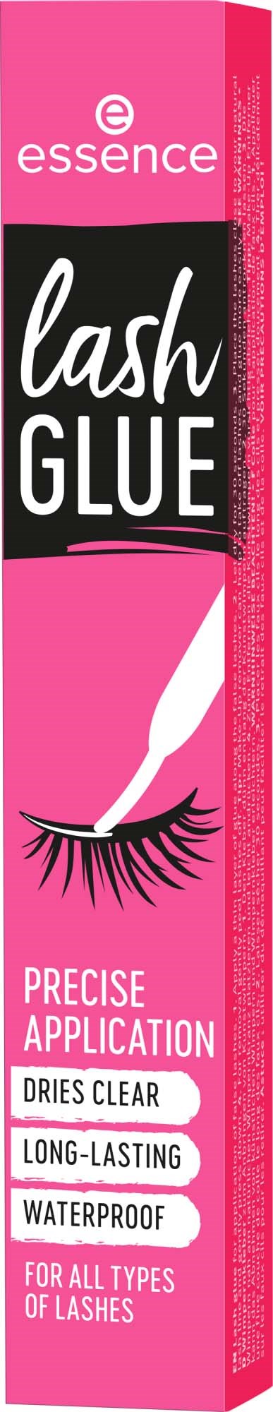 Eine pink-schwarze Schachtel mit weißer Wimpernillustration und Text für Wimpernkleber, der wasserfest und langanhaltend ist.