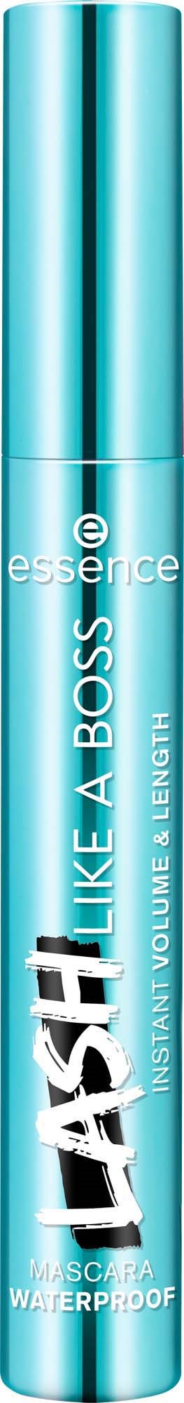 Blå mascara-rör märkta 'Lash' och 'Waterproof', med vit och svart text, mot svart bakgrund.