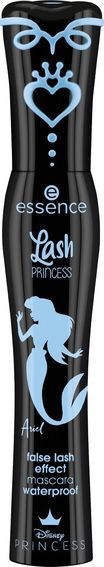 A black mascara tube with blue and white princess themed designs, including a mermaid, heart, and crown symbols.