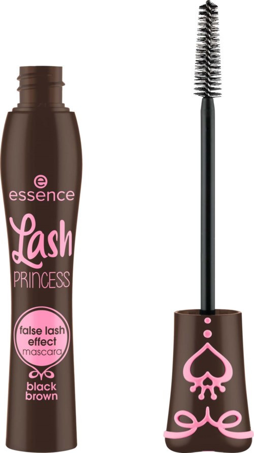 Eine braune Mascara-Flasche mit rosa Text und Skull- und Schleifen-Design. Der Bürst findet man neben der Flasche.