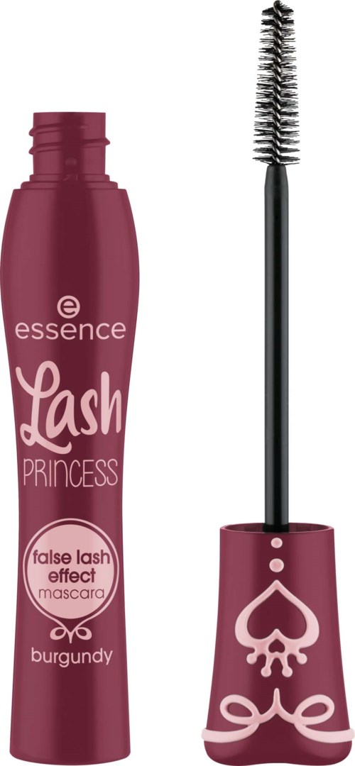 Ein Mascara-Röhrchen mit der Aufschrift essence lash princess, gebogene Wimpernbürste und Deckel mit Totenkopf- und Liebes-Design.