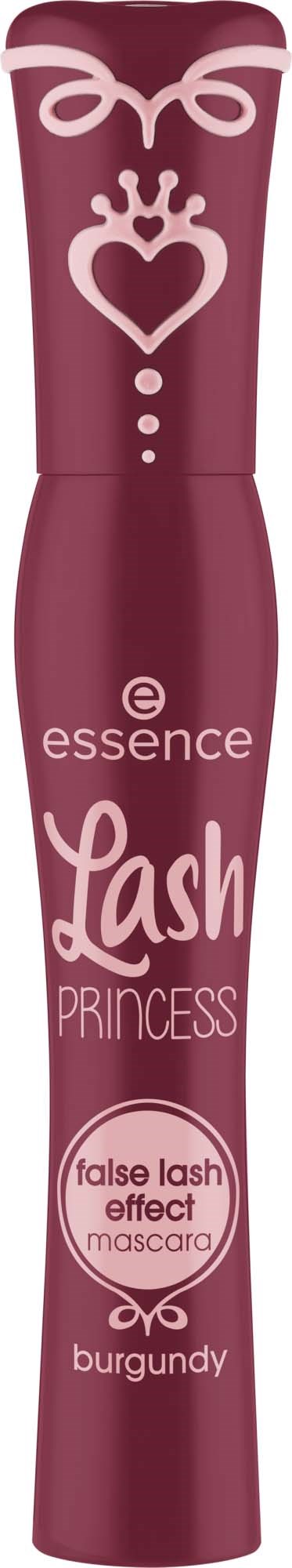 Ein bordeauxfarbener Wimperntusche mit Herz- und Schleifen-Design, mit Essence Lash Princess False Lash Effect.