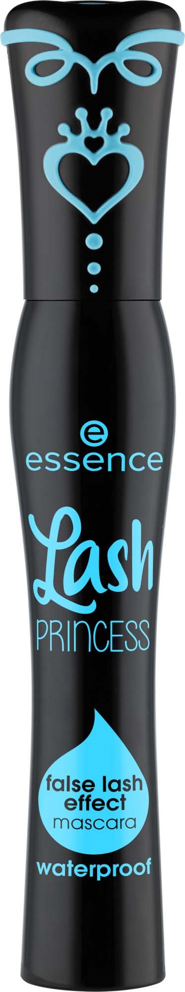 Een zwarte mascara-tube met blauwe en witte decoraties, tekst over waterproof nep wimpers mascara en een prinsessenthema.