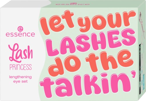 Färgglad ask med texten "let your LASHES do the talkin'." Innehåller ögonfransförlängningsset för prinsessögon.